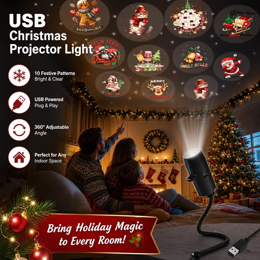 ✨Plug-&-Play HD Christmas Projector –  10 Festive Scenes